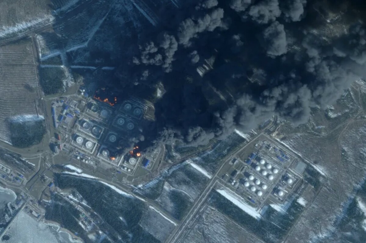 Smoke rises from the Russian oil terminal in Primorsk, 135 km northwest of St Petersburg, March 23, 2026.