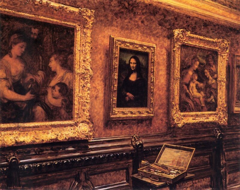 Louis Béroud's 1911 painting showing the Mona Lisa on display at the Louvre shortly before the theft - which Béroud himself discovered and reported to the guards!