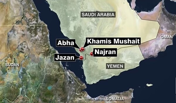 Lokacije napada Huta na Saudijsku Arabiju