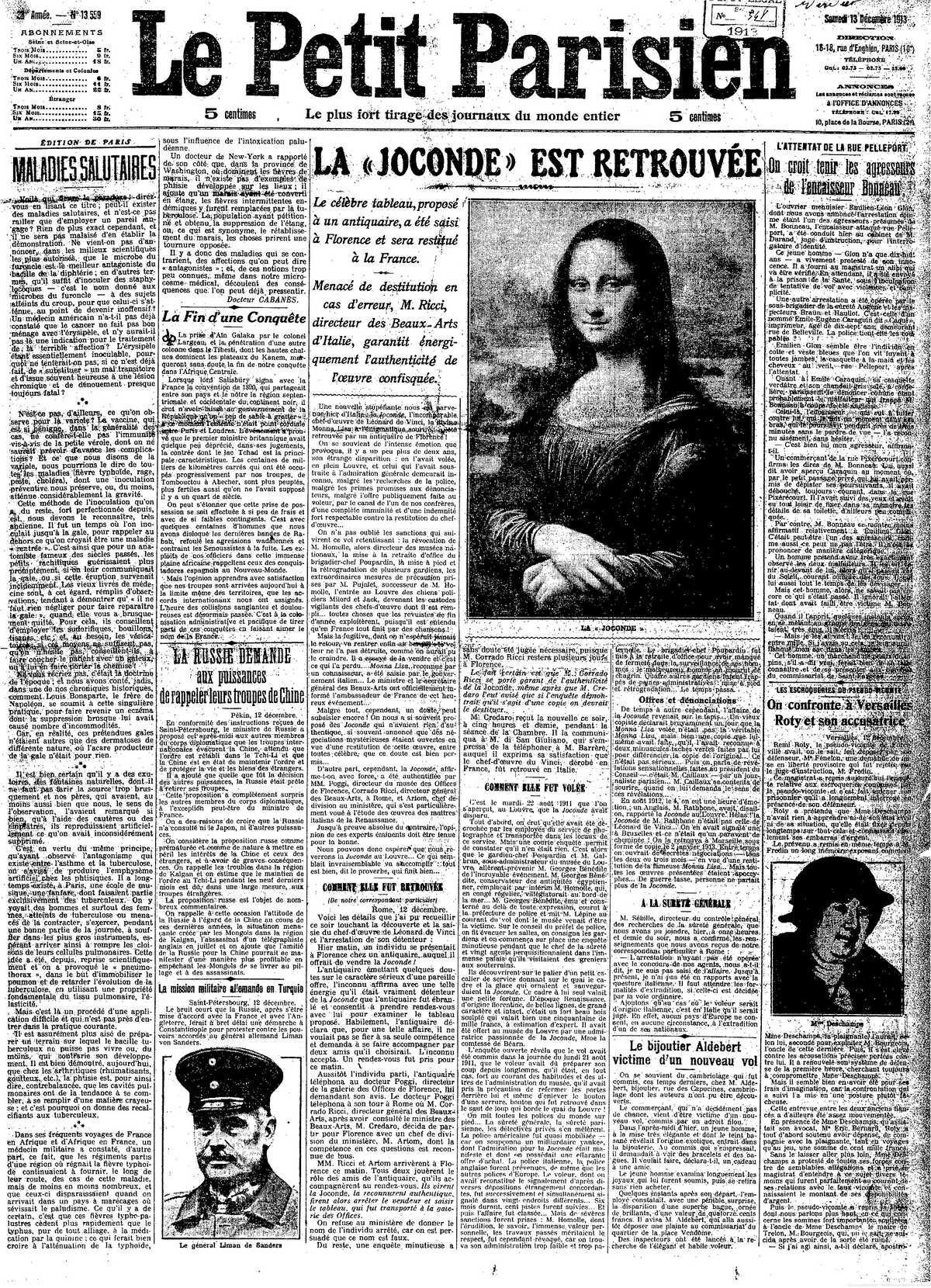 "La Joconde est Retrouvée" ("The Mona Lisa Has Been Found"), Le Petit Parisien, December 13, 1913.