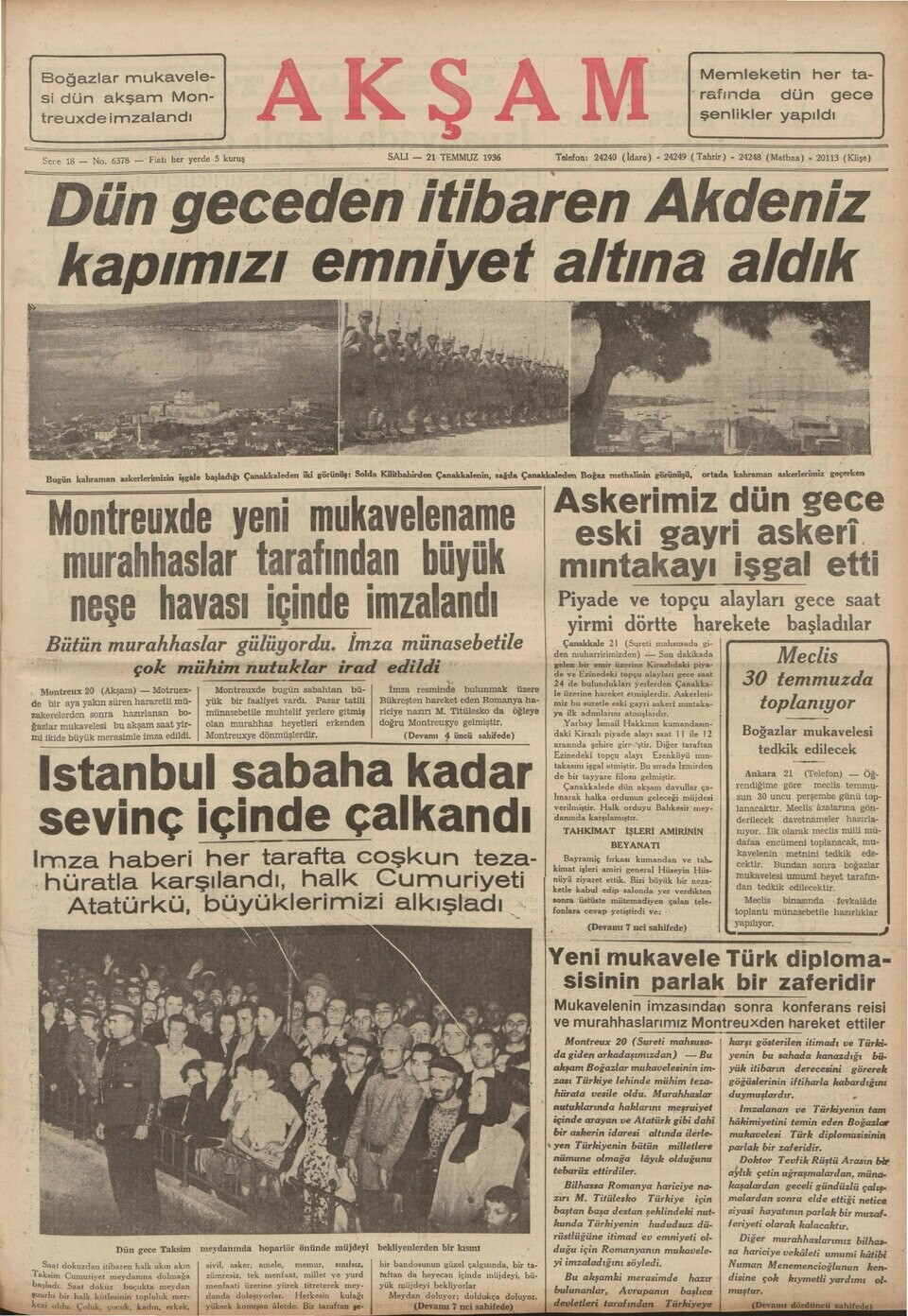 Front page of the Turkish newspaper Aksam, July 21, 1936: "Since last night we have placed our gates to the Mediterranean under control"