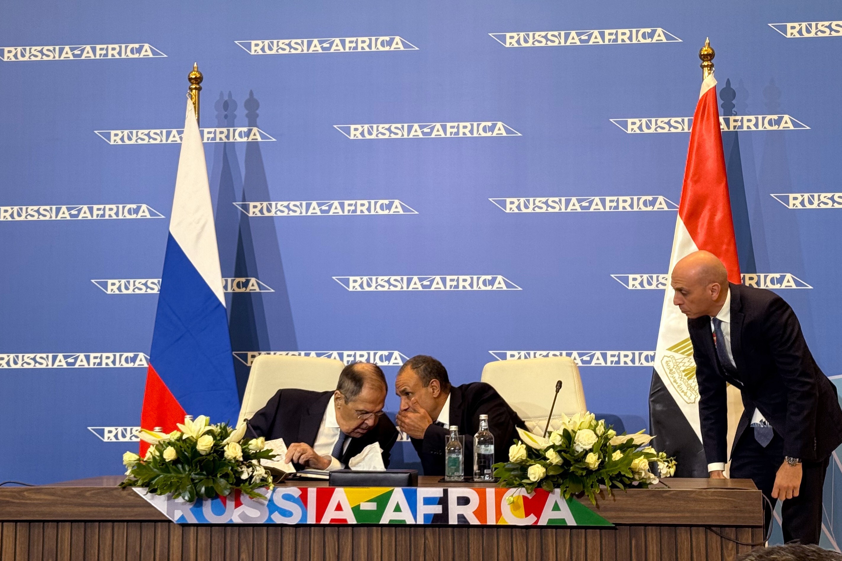 Russian Foreign Minister Sergey Lavrov, left, listens to his Egyptian counterpart Badr Abdelatty, during a press conference at the end of the conference of the Russia-Africa partnership in Cairo, Egypt, Saturday, Dec. 20, 2025. (AP Photo/Mayar Mokhtar)