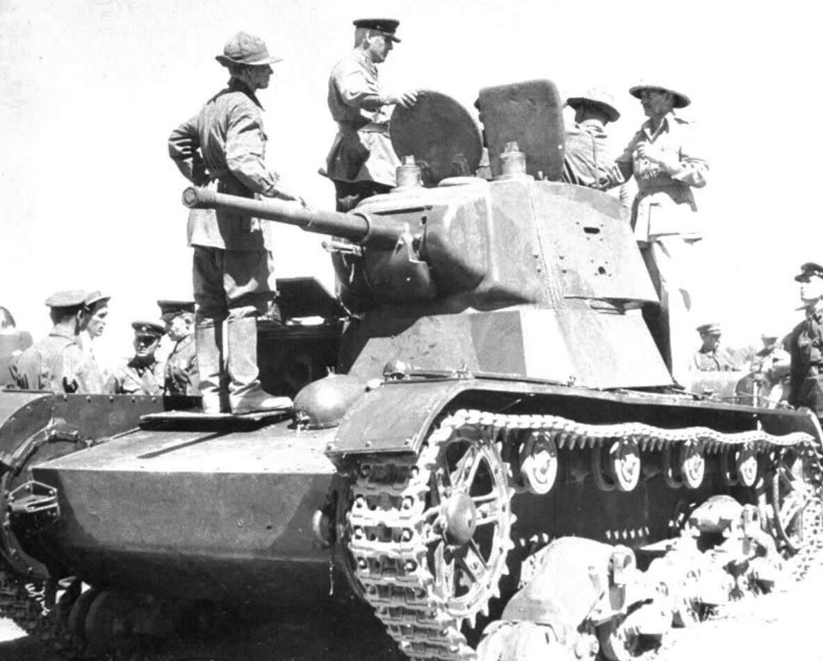 British troops inspect a Soviet T-26