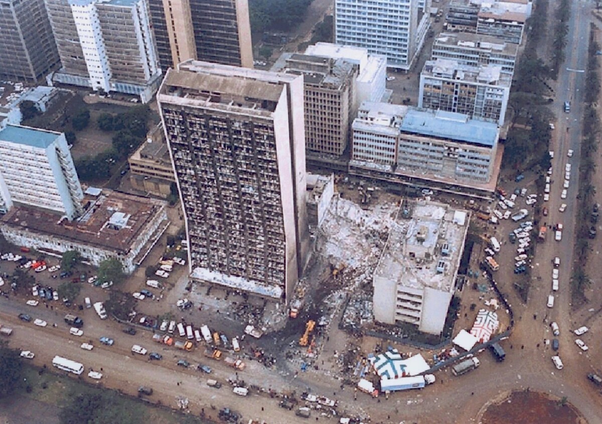 The damaged U.S. Embassy in Nairobi. Beside it stood Ufundi Cooperative House, which collapsed completely in the explosion.