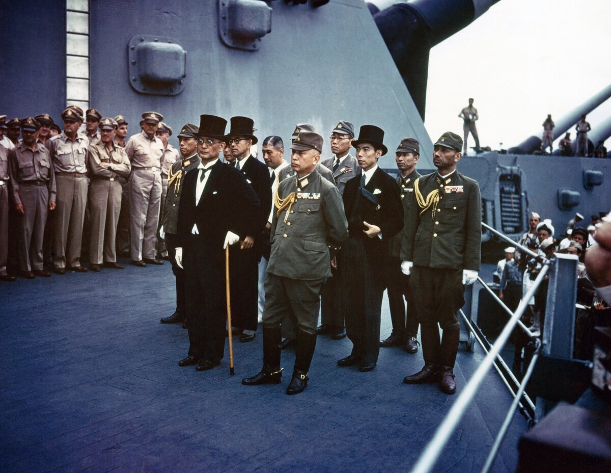 Japanese representatives at the signing of the surrender aboard USS Missouri