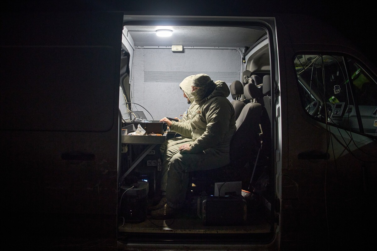 Ukrainian soldiers control an interceptor drone during Russia's aerial attack in an undisclosed location in Ukraine, on Dec. 13, 2025. (AP Photo/Efrem Lukatsky)