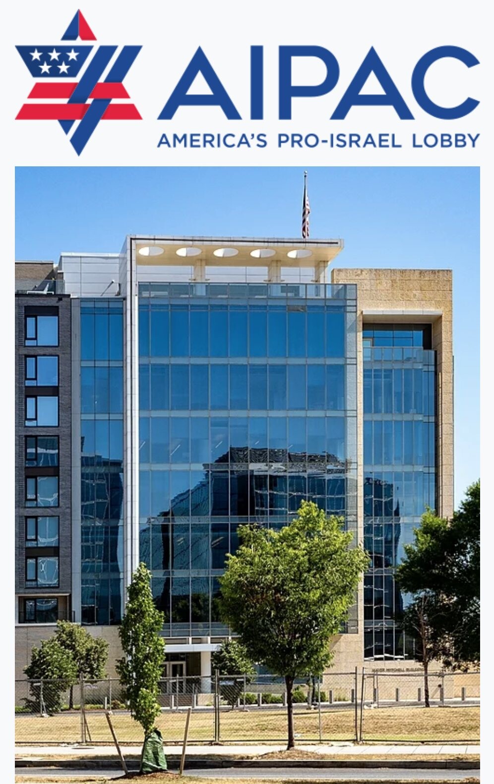 The AIPAC logo and headquarters in Washington