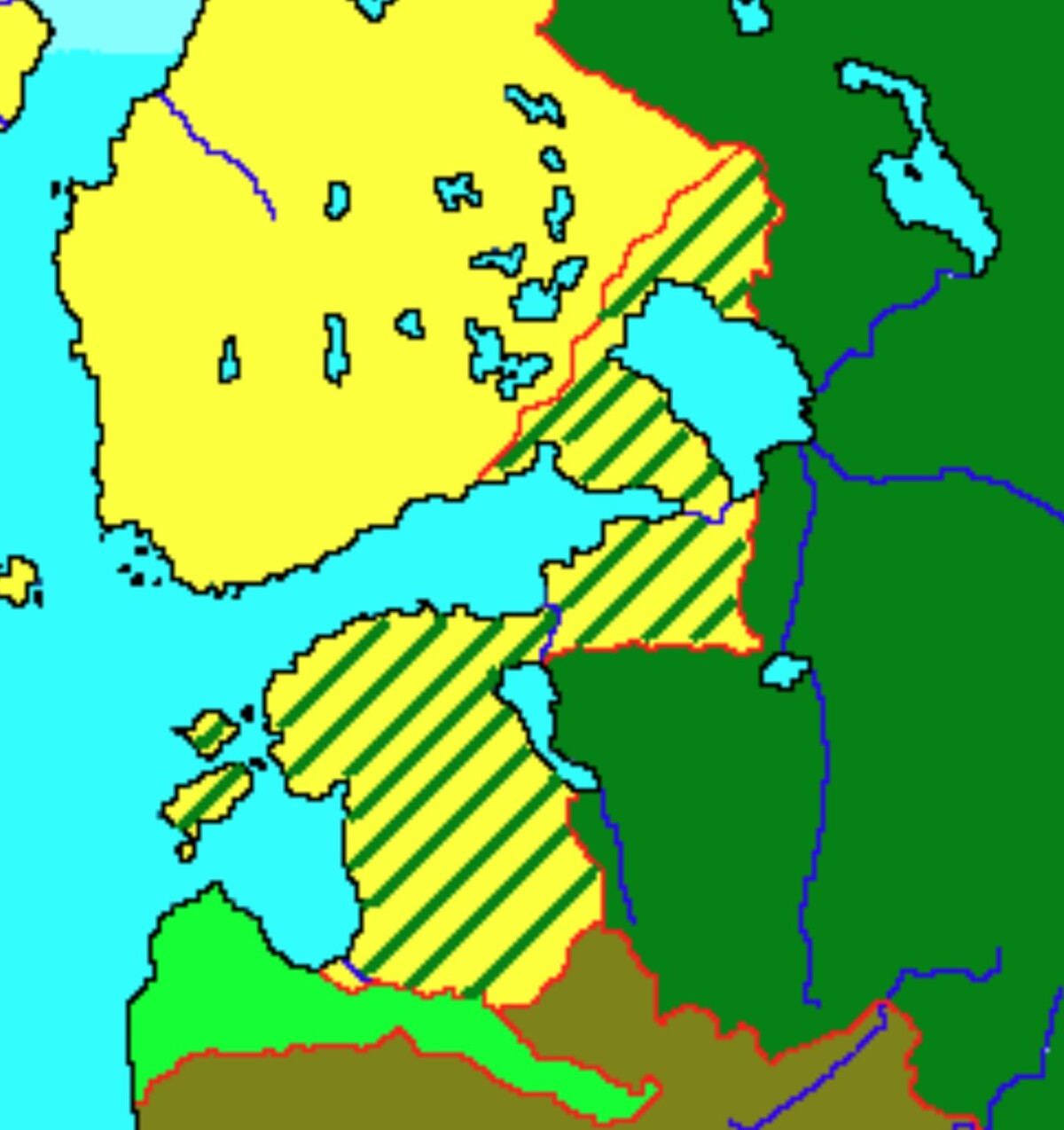 The consequences of the treaty: prewar Sweden is shown in yellow and Russia in green, with Russian gains indicated by lines.