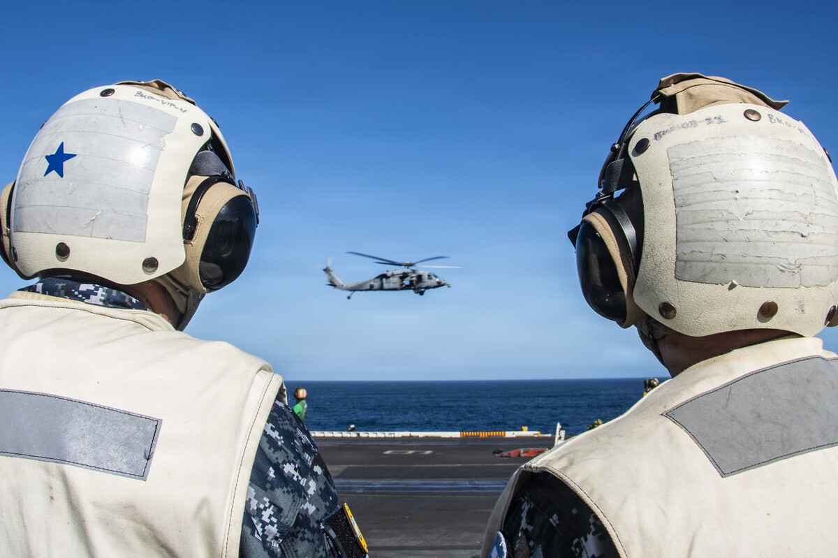 Argentine military leaders observe flight operations on the flight deck of Nimitz-class aircraft carrier USS Nimitz (CVN 68) during a tour in the Atlantic Ocean, April 30, 2026. Nimitz is deployed as part of Southern Seas 2026 which seeks to enhance capability, improve interoperability, and strengthen maritime partnerships with countries throughout the region through joint, multinational and interagency exchanges and cooperation. (U.S. Navy photo by Mass Communication Specialist 2nd Class Jaron Wills)