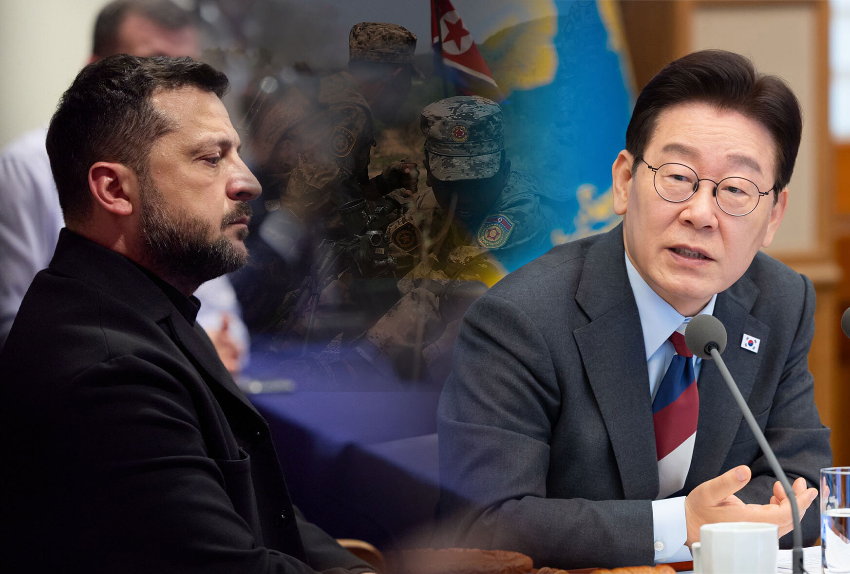 Zelenski, sjevernokorejska vojska i Lee Jae Myung (izvori: Ured ukrajinskog predsjednika, KCNA, WikiMedia)