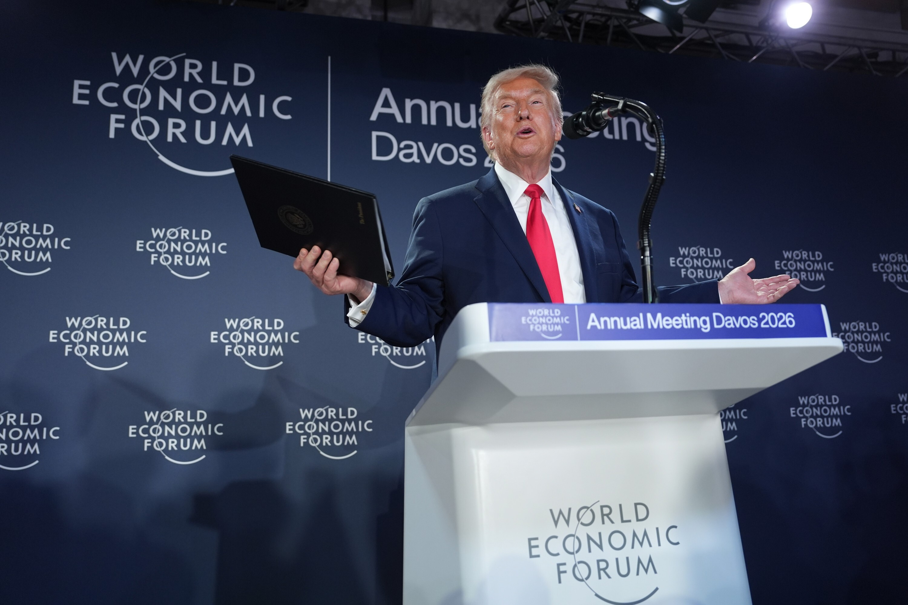 President Donald Trump speaks during a meeting of Global Business Leaders at the Annual Meeting of the World Economic Forum in Davos, Switzerland, Wednesday, Jan. 21, 2026. (AP Photo/Evan Vucci)