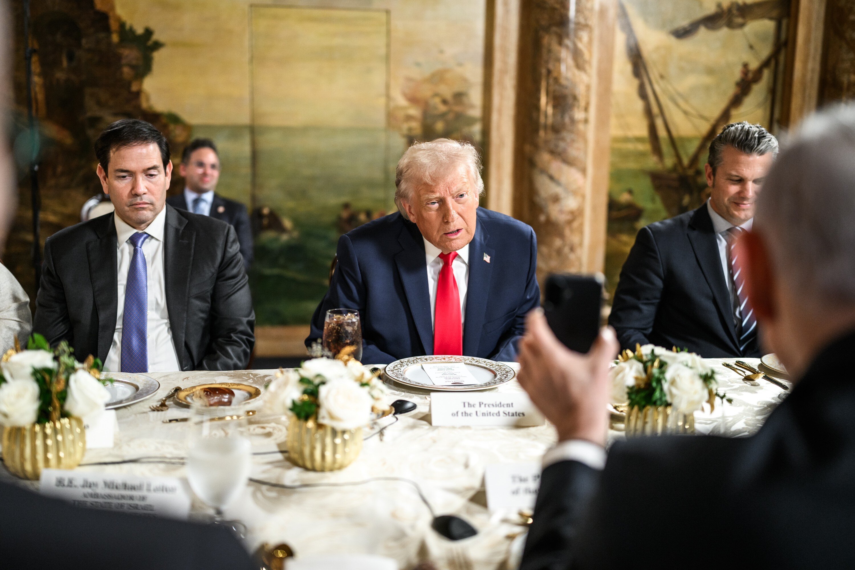 President Donald Trump receives the news hell be  awarded the Israel Prize from Israeli Prime Minister Benjamin Netanyahu, Monday, December 29, 2025, at the Mar-a-Lago Club in Palm Beach, Florida. (Official White House Photo by Daniel Torok)