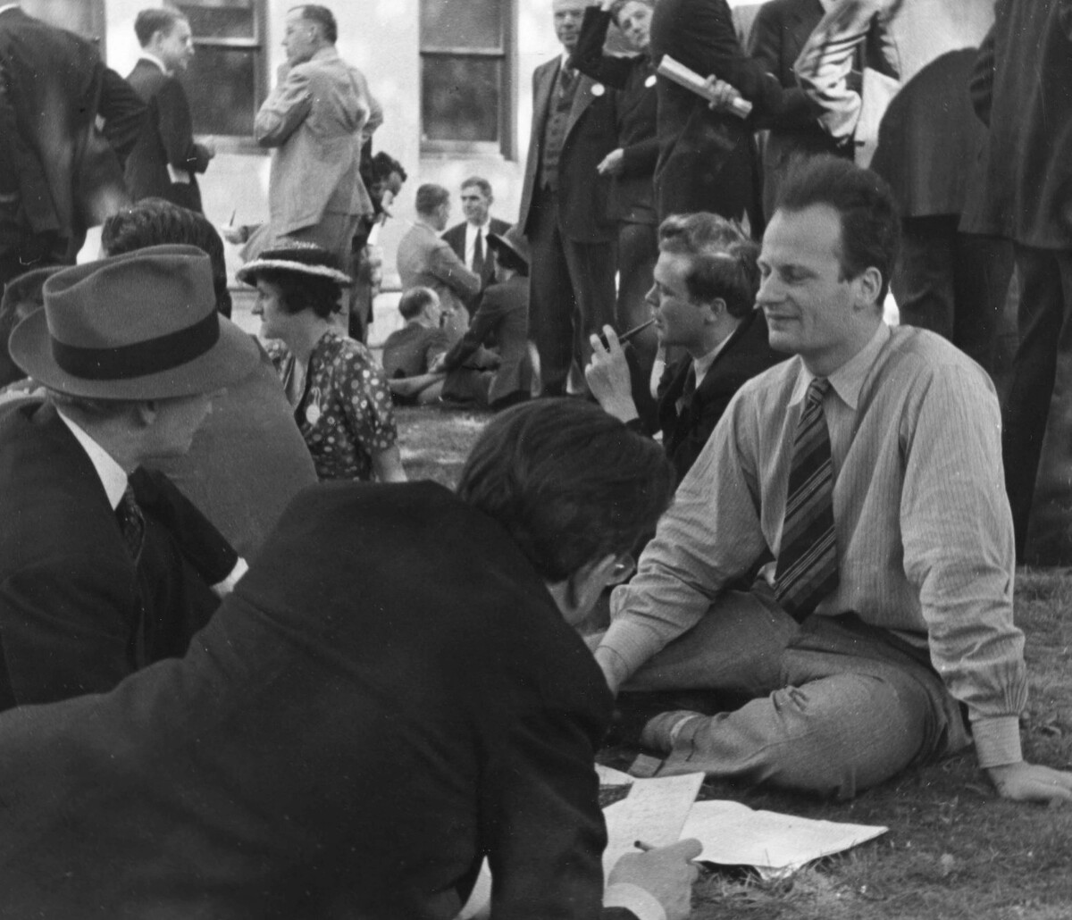 Hans Bethe (right) during an interview with journalists