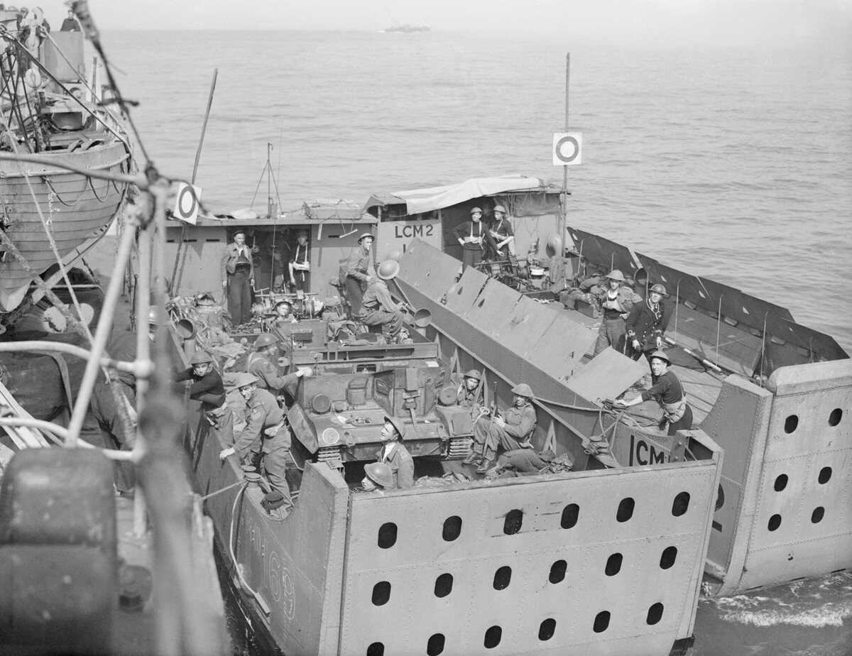 Mark I mechanised landing craft returning from the beaches during the raid