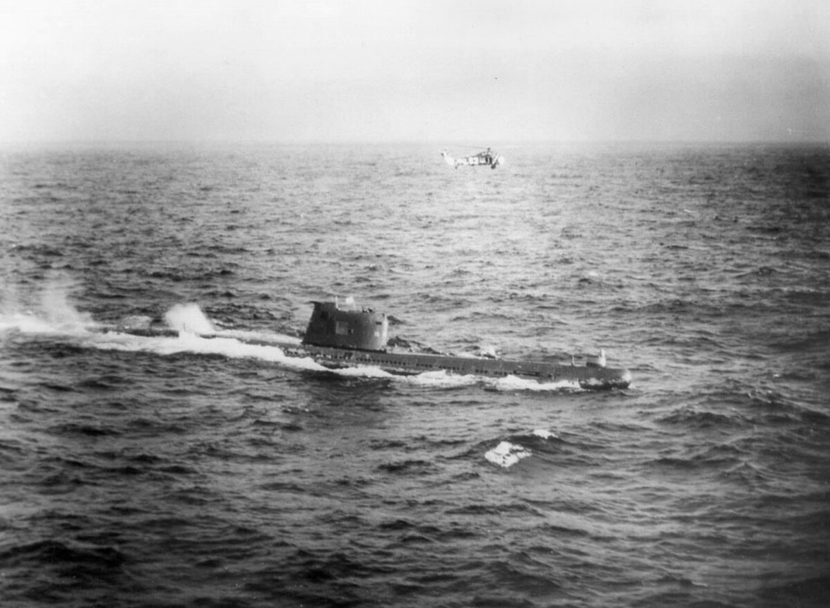 B-59 near Cuba, with a US Navy helicopter circling overhead, October 28, 1962