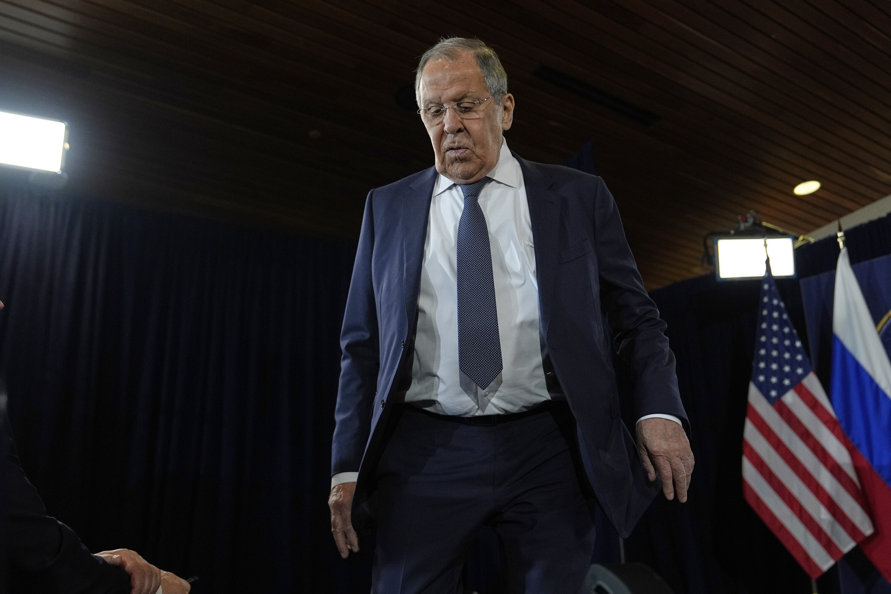 Russia's Foreign Minister Sergey Lavrov arrives before a news conference with President Donald Trump and Russia's President Vladimir Putin at Joint Base Elmendorf-Richardson, Alaska, Friday, Aug. 15, 2025. (AP Photo/Julia Demaree Nikhinson)