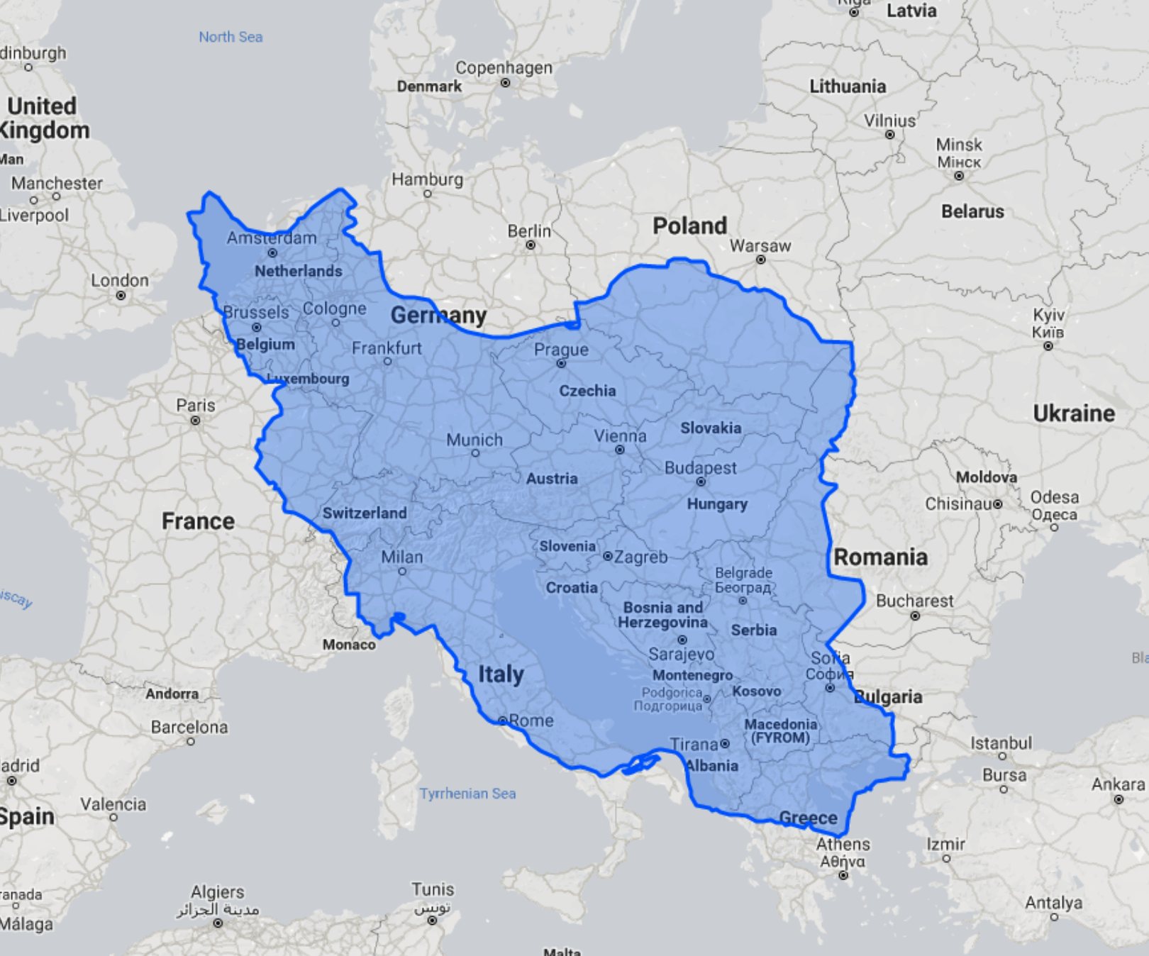 Veličina Irana u komparaciji s Europom