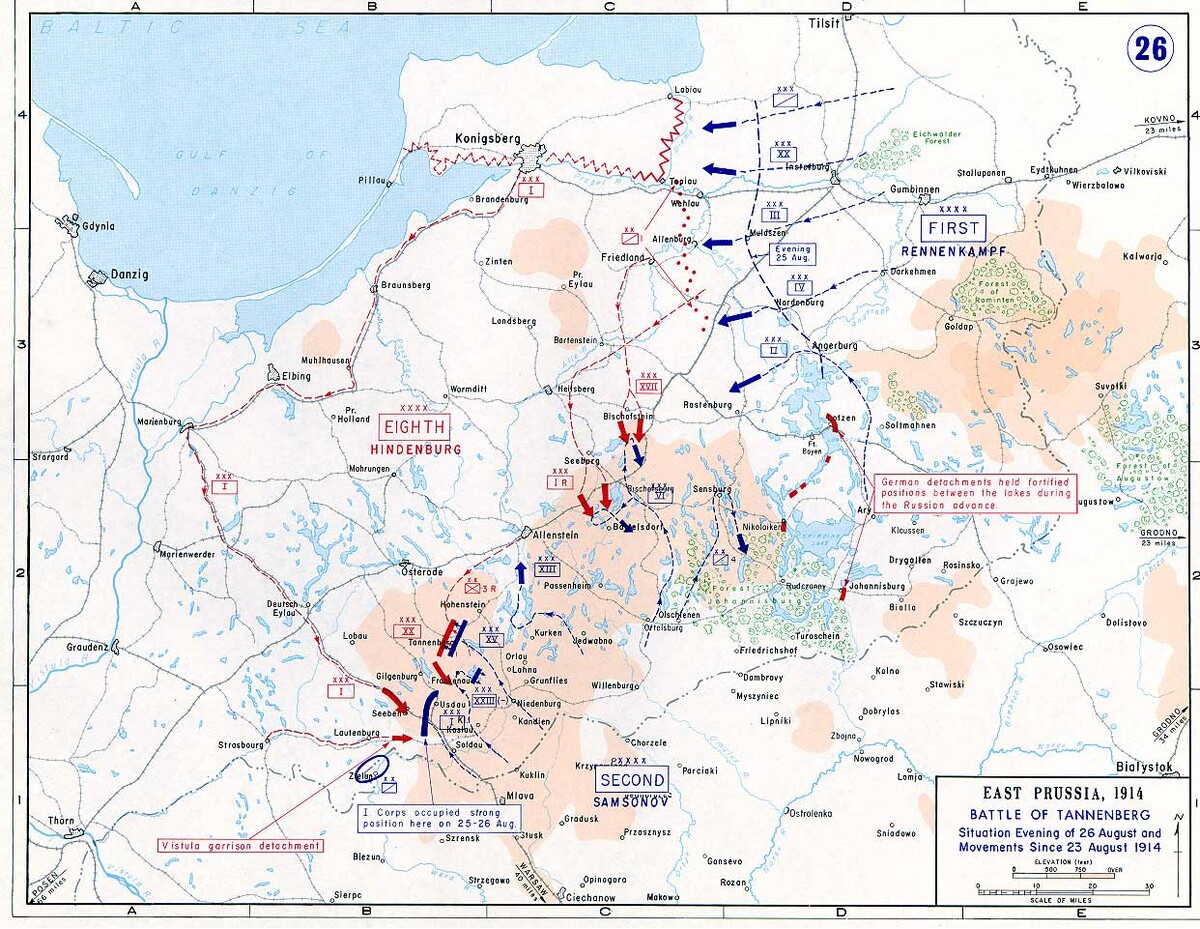 Movements from August 23 to 26, 1914; Germans are shown in red and Russians in blue