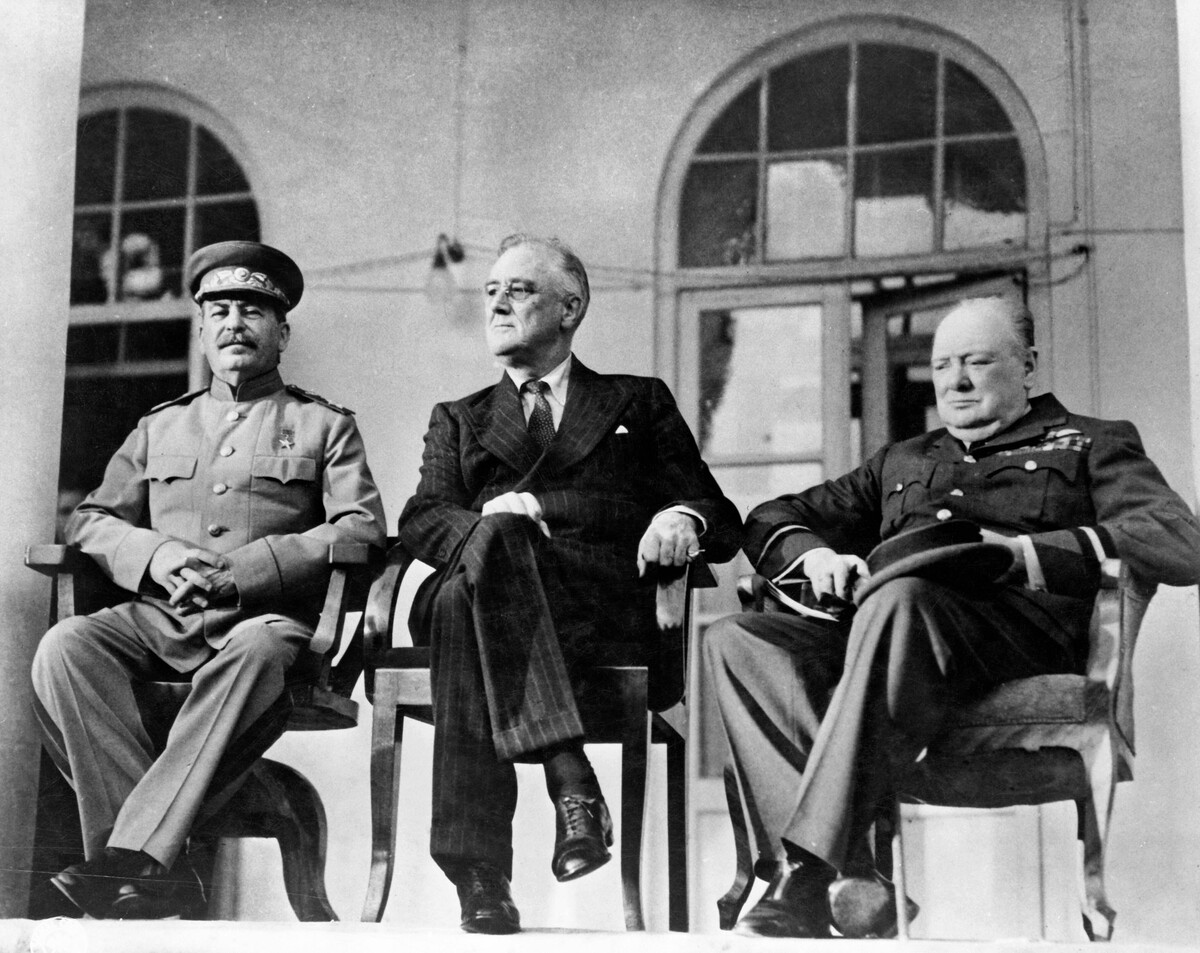 Stalin, Franklin D. Roosevelt, and Winston Churchill in Tehran in 1943
