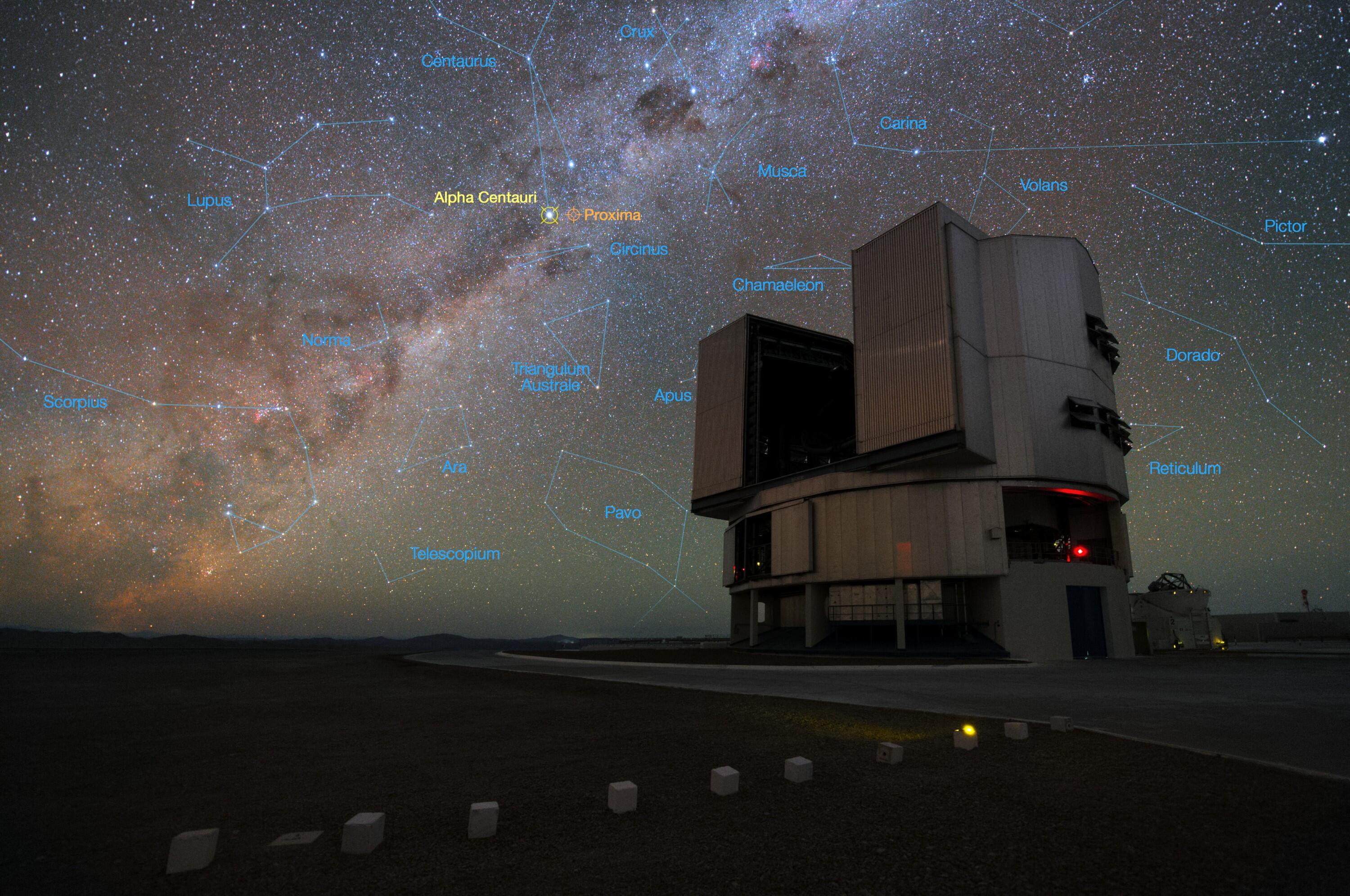 The foreground of this image shows ESOs Very Large Telescope (VLT) at the Paranal Observatory in Chile. The rich stellar backdrop to the picture includes the bright star Alpha Centauri, the closest stellar system to Earth. In late 2016 ESO signed an agreement with the Breakthrough Initiatives to adapt the VLT instrumentation to conduct a search for planets in the Alpha Centauri system. Such planets could be the targets for an eventual launch of miniature space probes by the Breakthrough Starshot Initiative.