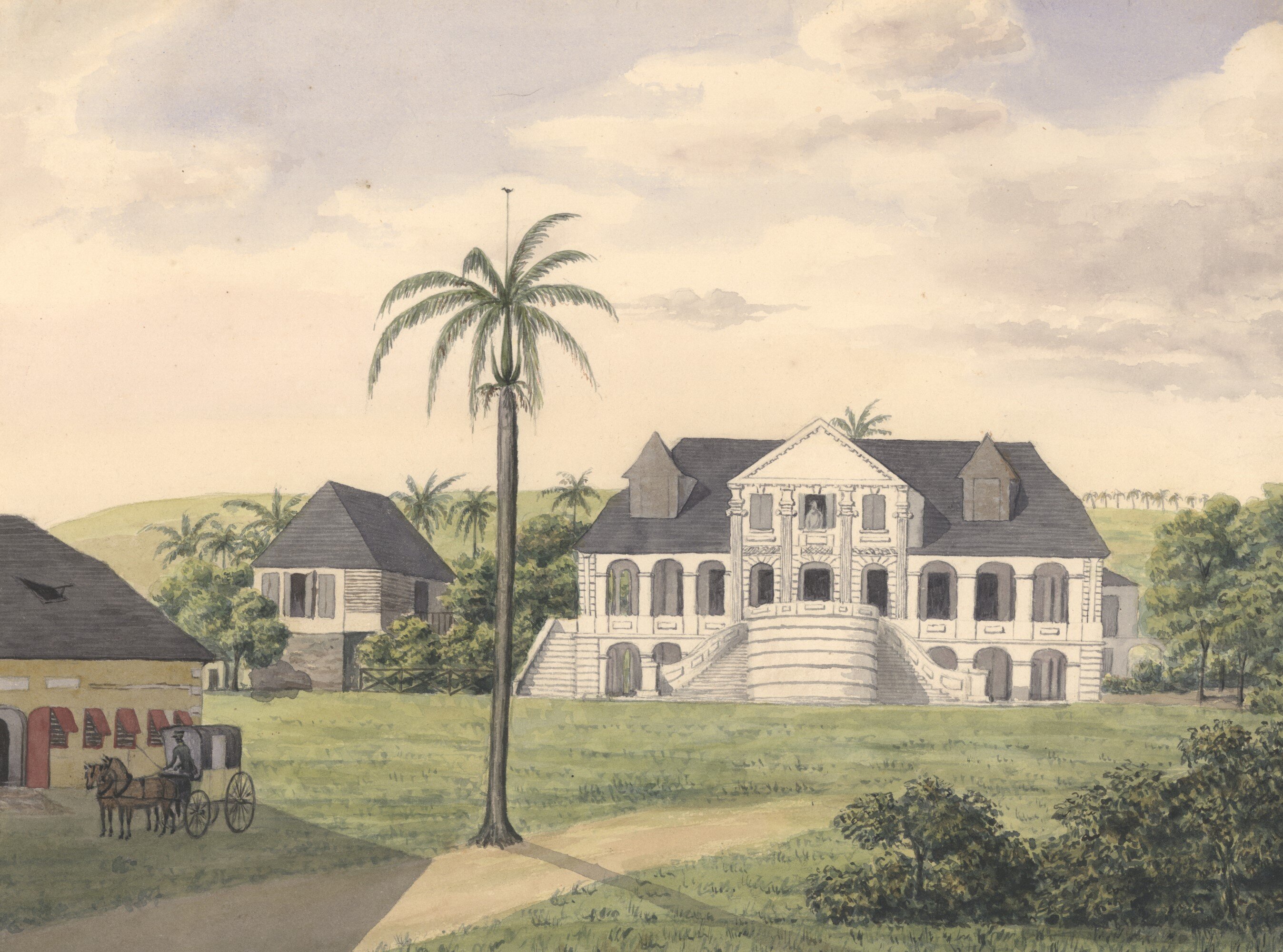 Farvelagt tegning af Frederik von Scholten forestillende plantagen H?gensborg p? Skt. Croix, juni 1838. Fra Frederik von Scholtens skitsebog II, tegning nr. 50. *** Local Caption *** Digitalt