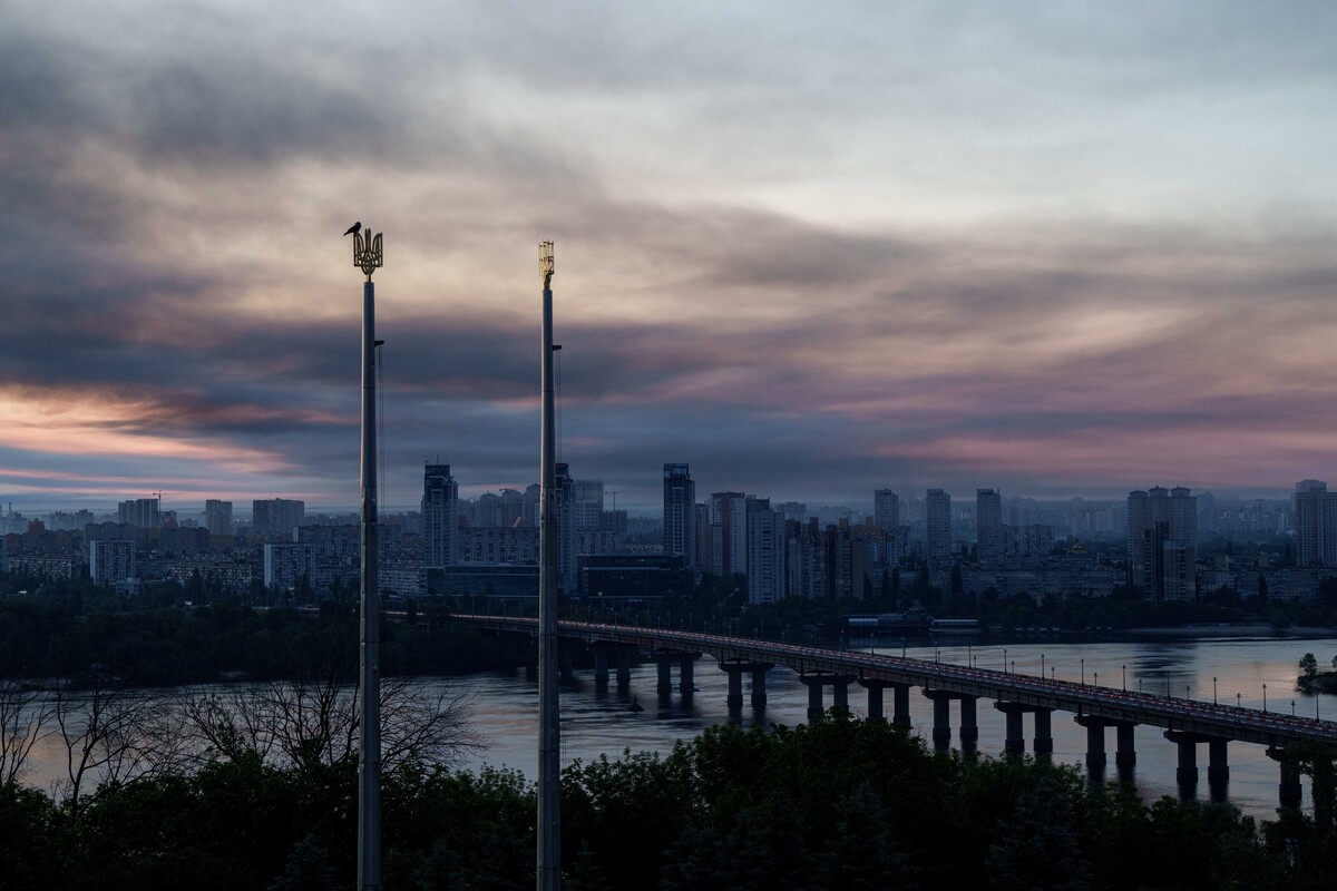 Smoke drifts across the sky after a Russian strike on Kyiv, Ukraine, on Tuesday, June 2, 2026. (AP Photo/Evgeniy Maloletka)
