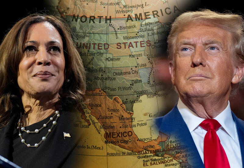 Kamala Harris i Donald Trump (izvor: AP/Guliver Image) / Karta Sjeverne Amerike (izvor: Lara Jameson / Pexels)