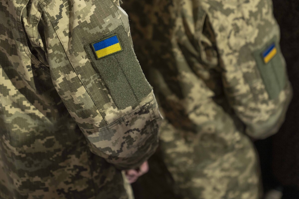 Ukrainian army patches worn by soldiers in uniform at anniversary event for the Ukrainian 44th Separate Mechanized Brigade of the Armed Forces of Ukraine. The 44th Brigade is part of the operational command North of the Ground Forces and was founded in March of 2023. It has been equipped with many vehicles and weapons supplied by European and American partners. Kyiv Kyiv City Ukraine