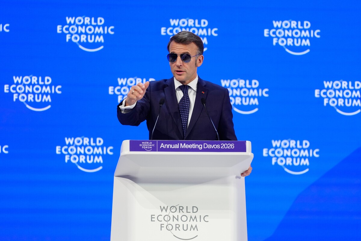 French President Emmanuel Macron speaks during the Annual Meeting of the World Economic Forum in Davos, Switzerland, Tuesday, Jan. 20, 2026. (AP Photo/Markus Schreiber)