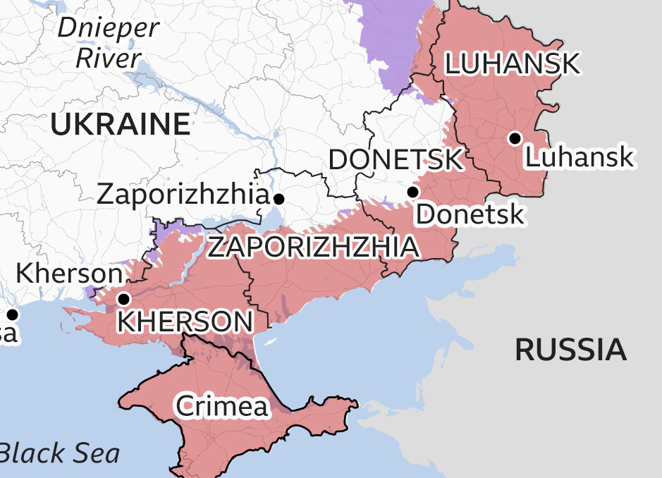 Četri ukrajinske regije gdje se održavaju referendumi i označeni prostori koje kontroliraju ruske snage (izvor: Twitter)