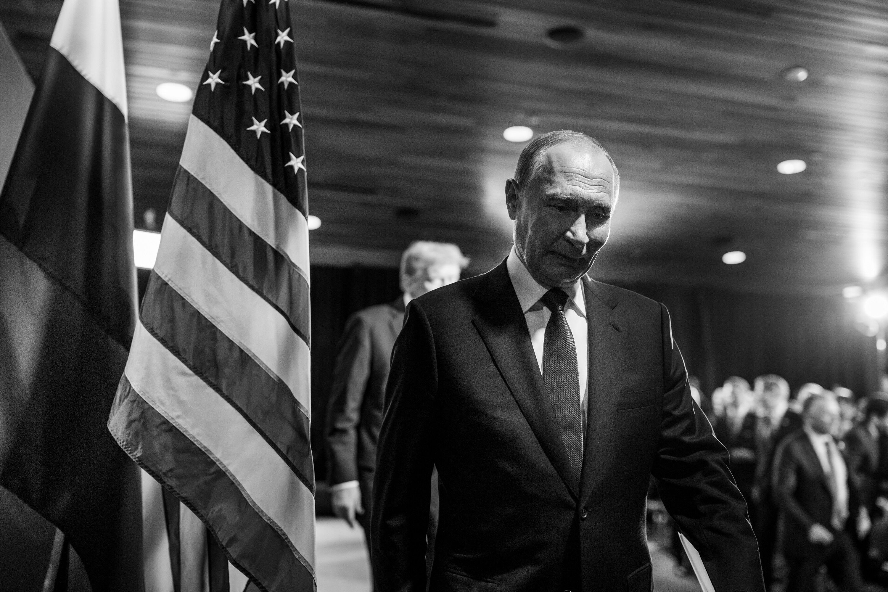 President Donald Trump and Russian president Vladimir Putin leave the stage after they held a joint press conference after their meeting at the Arctic Warrior Event Center at Joint Base Elmendorf Richardson in Anchorage, Alaska, Friday, August 15, 2025. (Official White House Photo by Daniel Torok)
