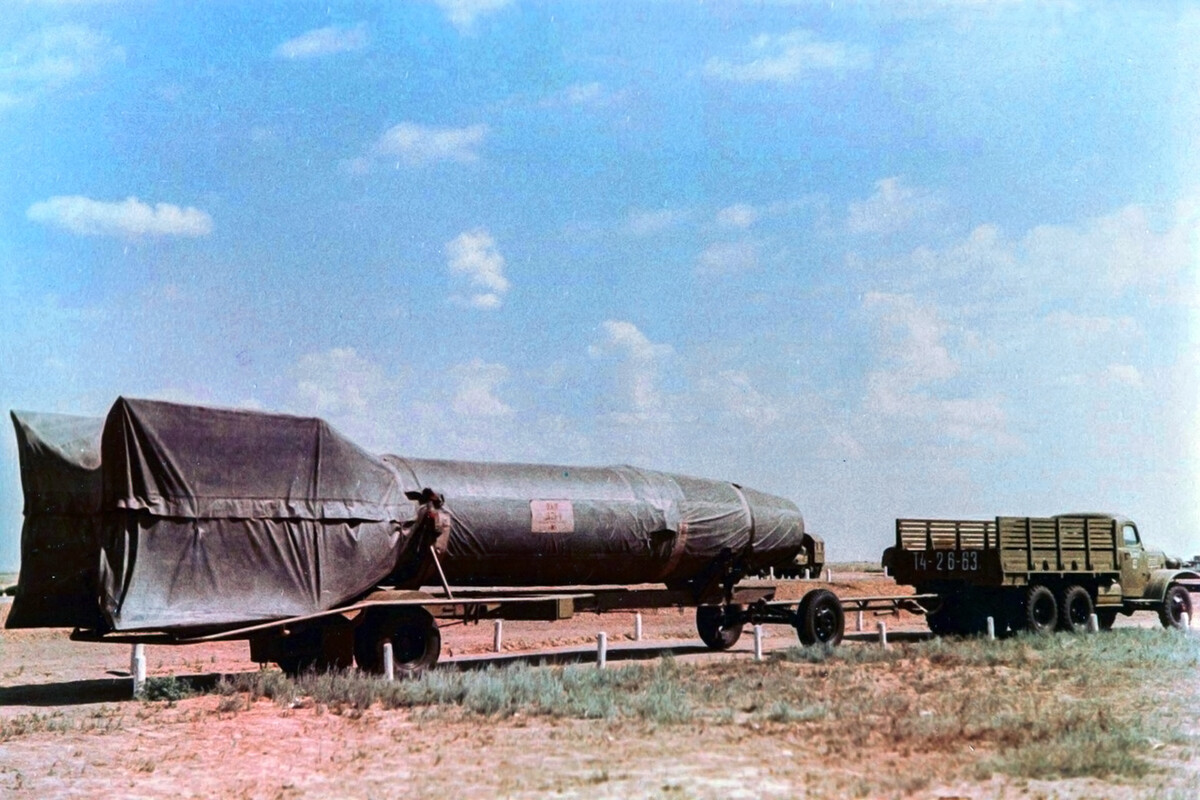 R-1 rocket, the Soviet reconstruction of the V-2, on a Vidalwagen at Kapustin Yar