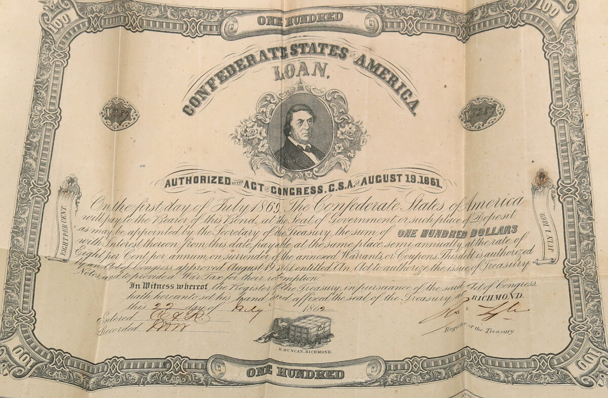 Obveznica na 100 dolara iz vremena Konfederacije Američkih Država, 1867. (izvor: Auckland War Memorial Museum / WikiMedia / CC BY 4.0)