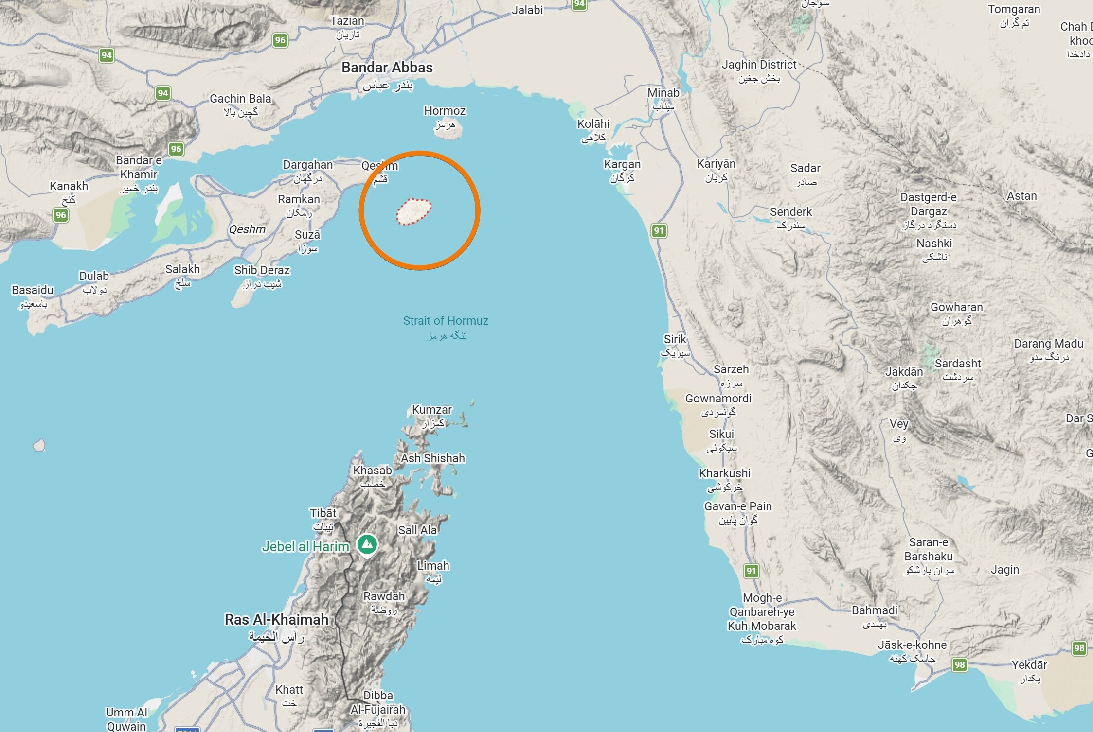 Iranski otok Larak na karti